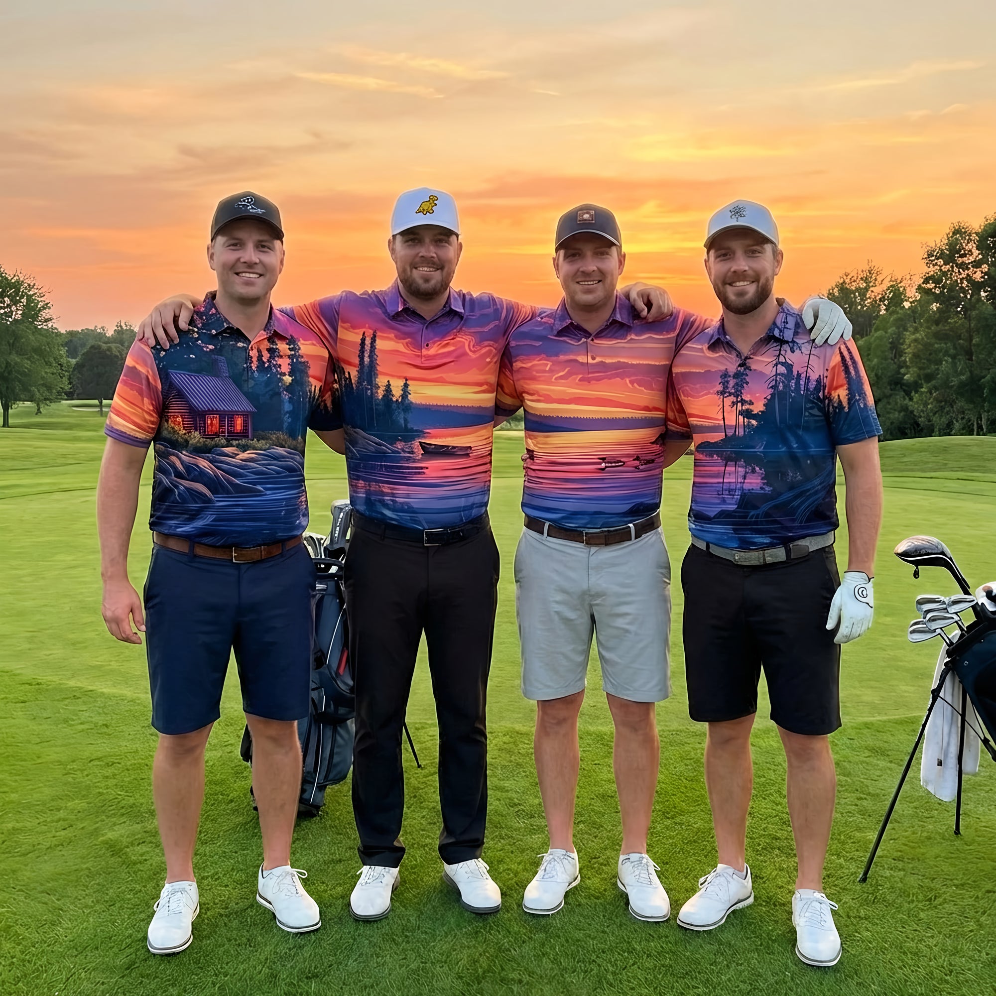Foursome in matching golf outfits on a golf course with cabin and a sunset in the background