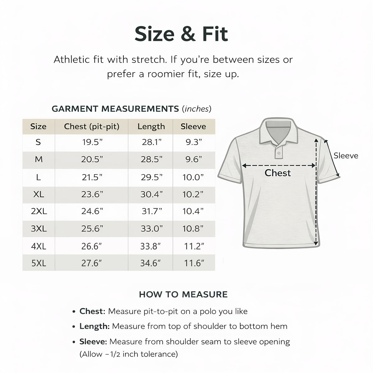 Golf polo size chart, sizes S to 5XL