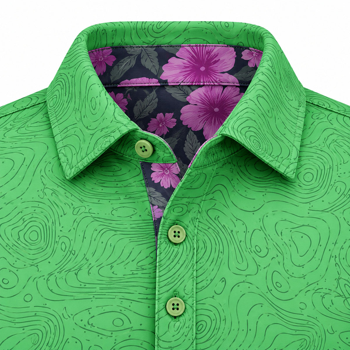 Close-up of the collar, buttons and purple floral under-collar on the Green Golf Topography Map golf polo