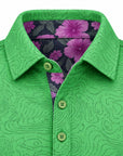 Close-up of the collar, buttons and purple floral under-collar on the Green Golf Topography Map golf polo