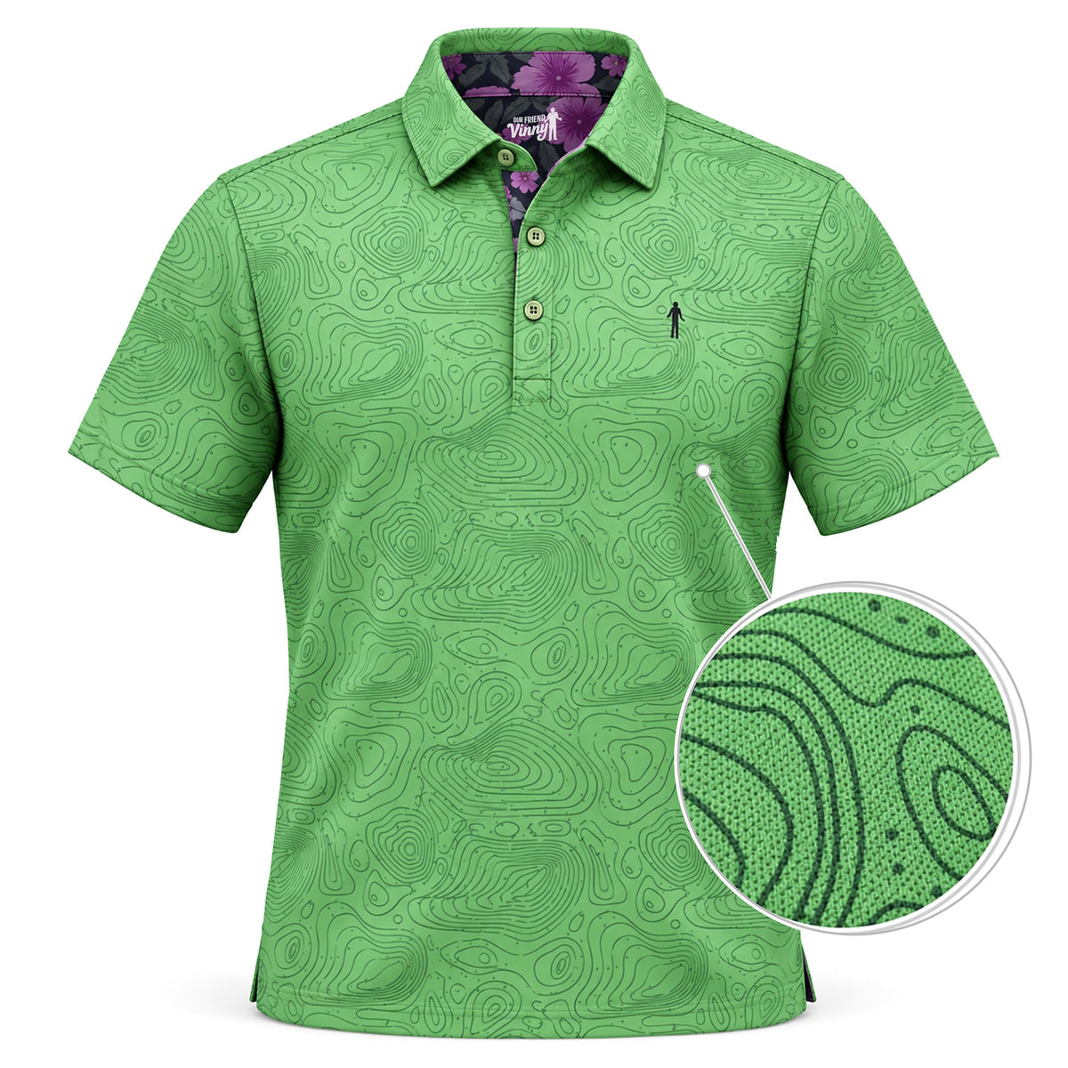 Green Topo Map golf polo with purple floral under-collar, with a close-up of the topographic print and fabric texture