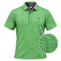 Green Topo Map golf polo with purple floral under-collar, with a close-up of the topographic print and fabric texture