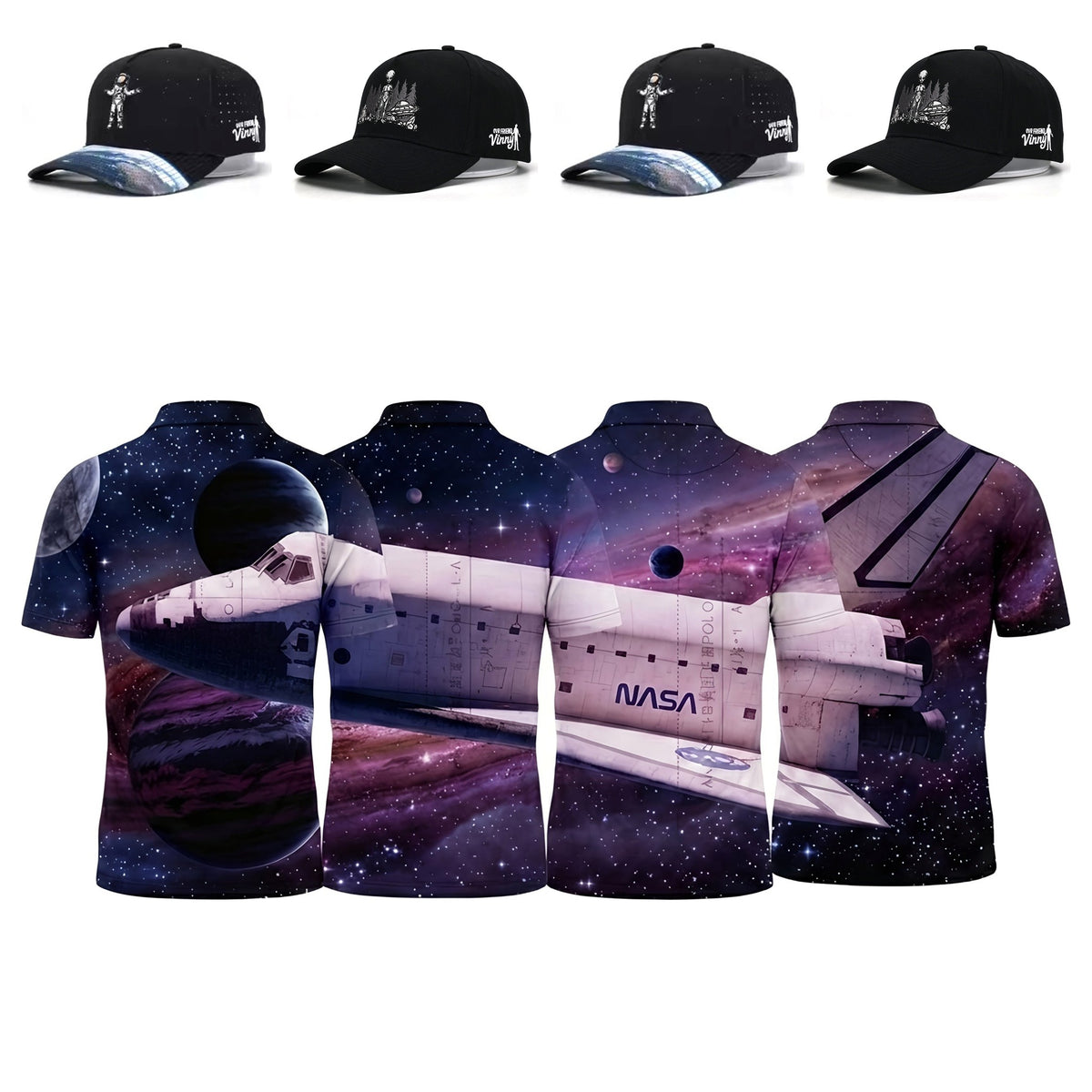 Interstellar Foursome matching space shuttle golf polos with mix-and-match Astronaut and Alien hats