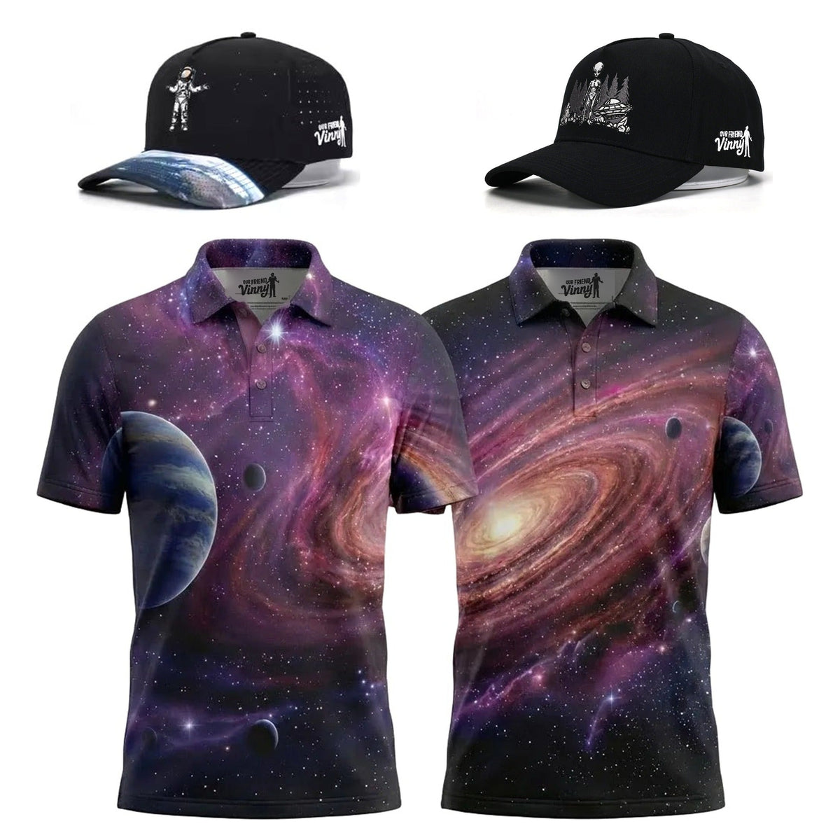 Interstellar Twosome matching galaxy golf polos with mix-and-match Astronaut and Alien hats