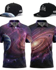 Interstellar Twosome matching galaxy golf polos with mix-and-match Astronaut and Alien hats