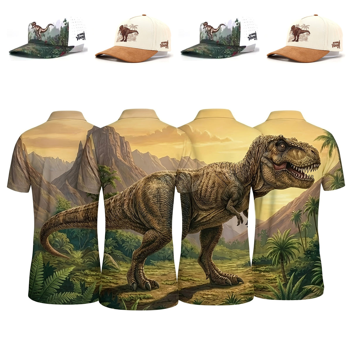 Jurassic Foursome matching T-Rex golf polos with mix-and-match Dinosaur and T-Rex hats