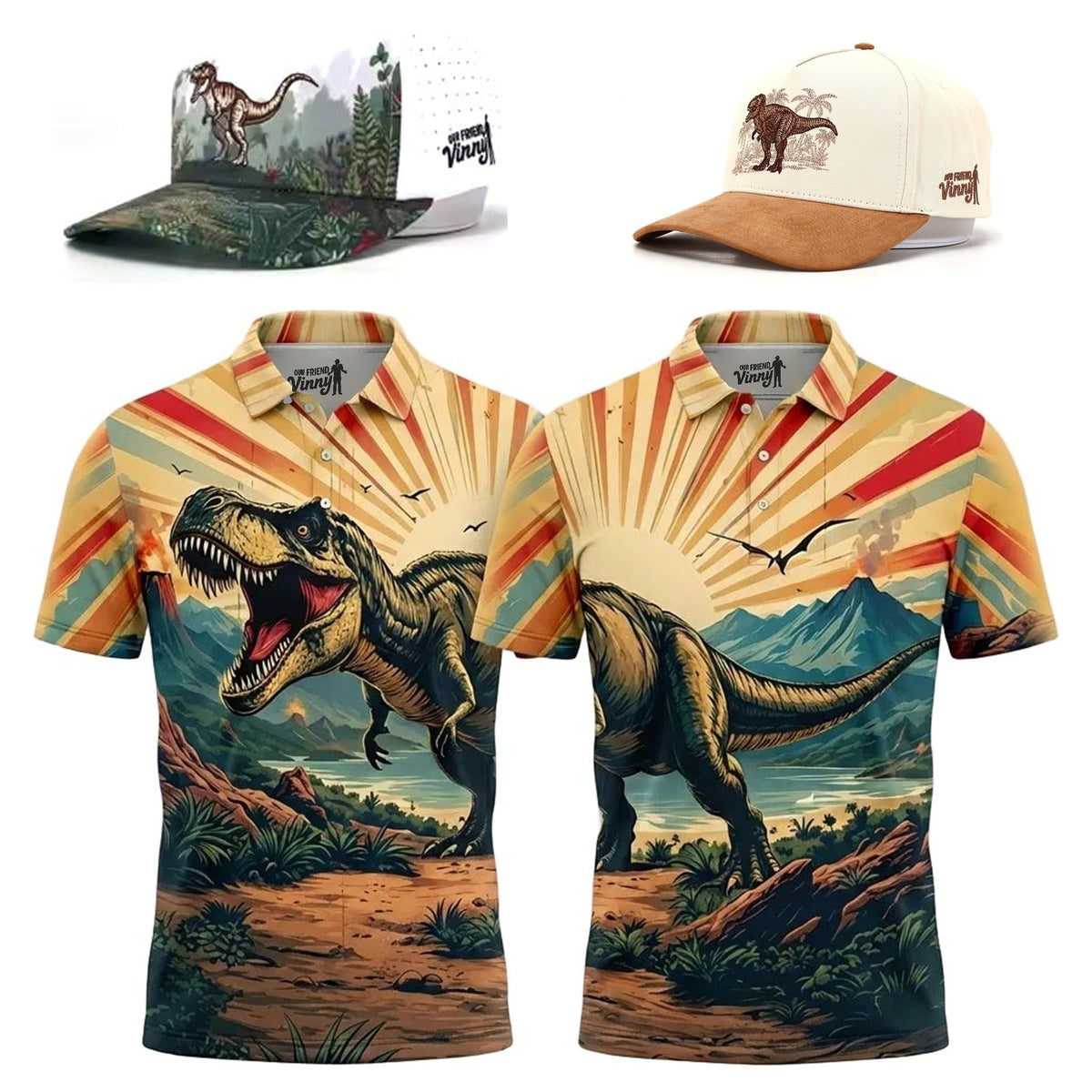 Jurassic Twosome matching T-Rex golf polos with mix-and-match Dinosaur and T-Rex hats