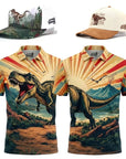 Jurassic Twosome matching T-Rex golf polos with mix-and-match Dinosaur and T-Rex hats