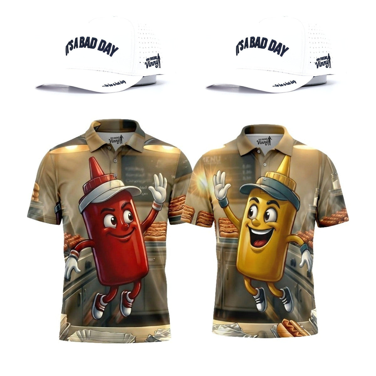 Ketchup and Mustard twosome matching golf polos with two It's a Bad Day to be a hot dog hats