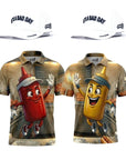 Ketchup and Mustard twosome matching golf polos with two It's a Bad Day to be a hot dog hats