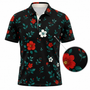Lost in Bloom black floral golf polo - 3D view with fabric detail