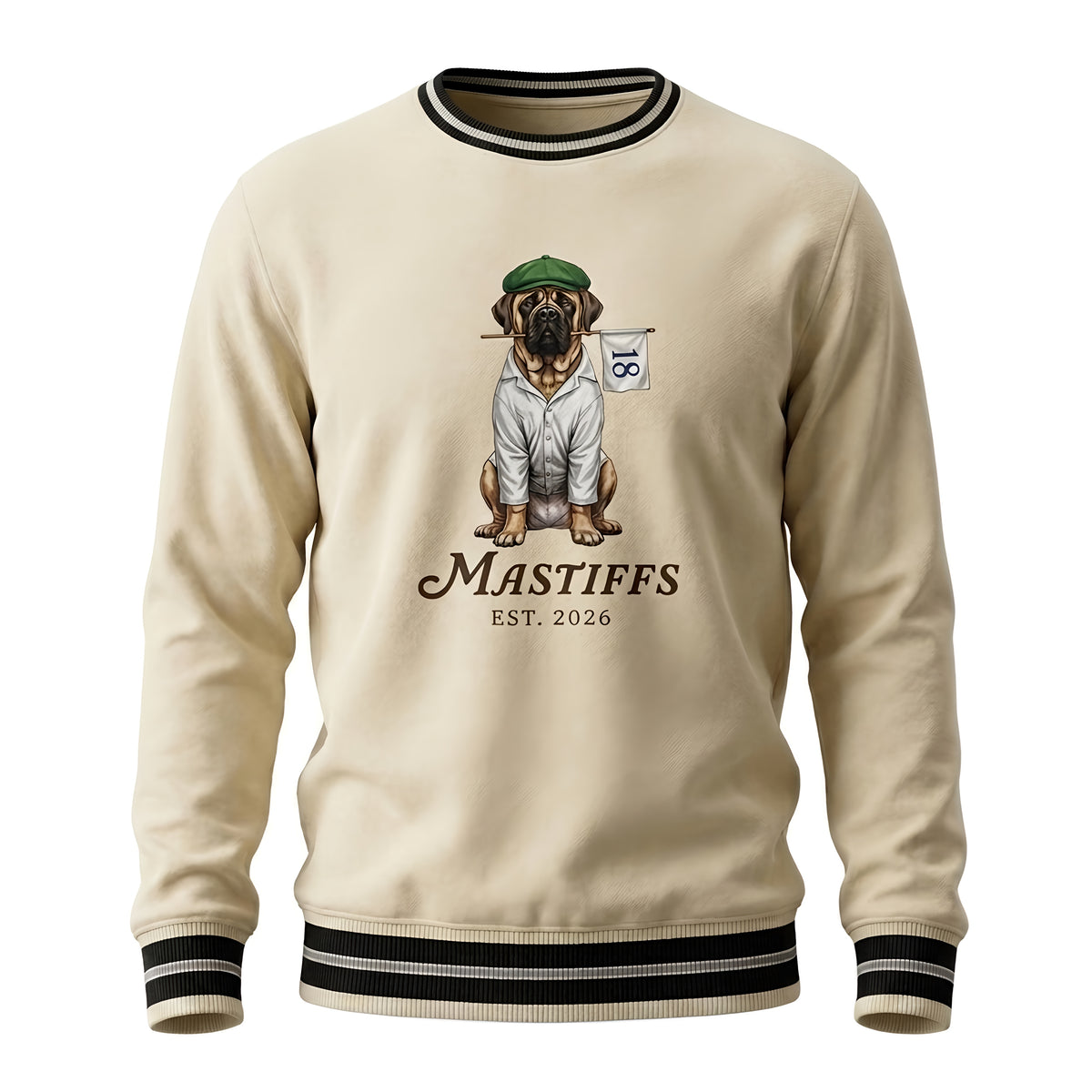 Cream Mastiffs Est. 2026 vintage golf club crewneck sweatshirt with striped ribbed trim