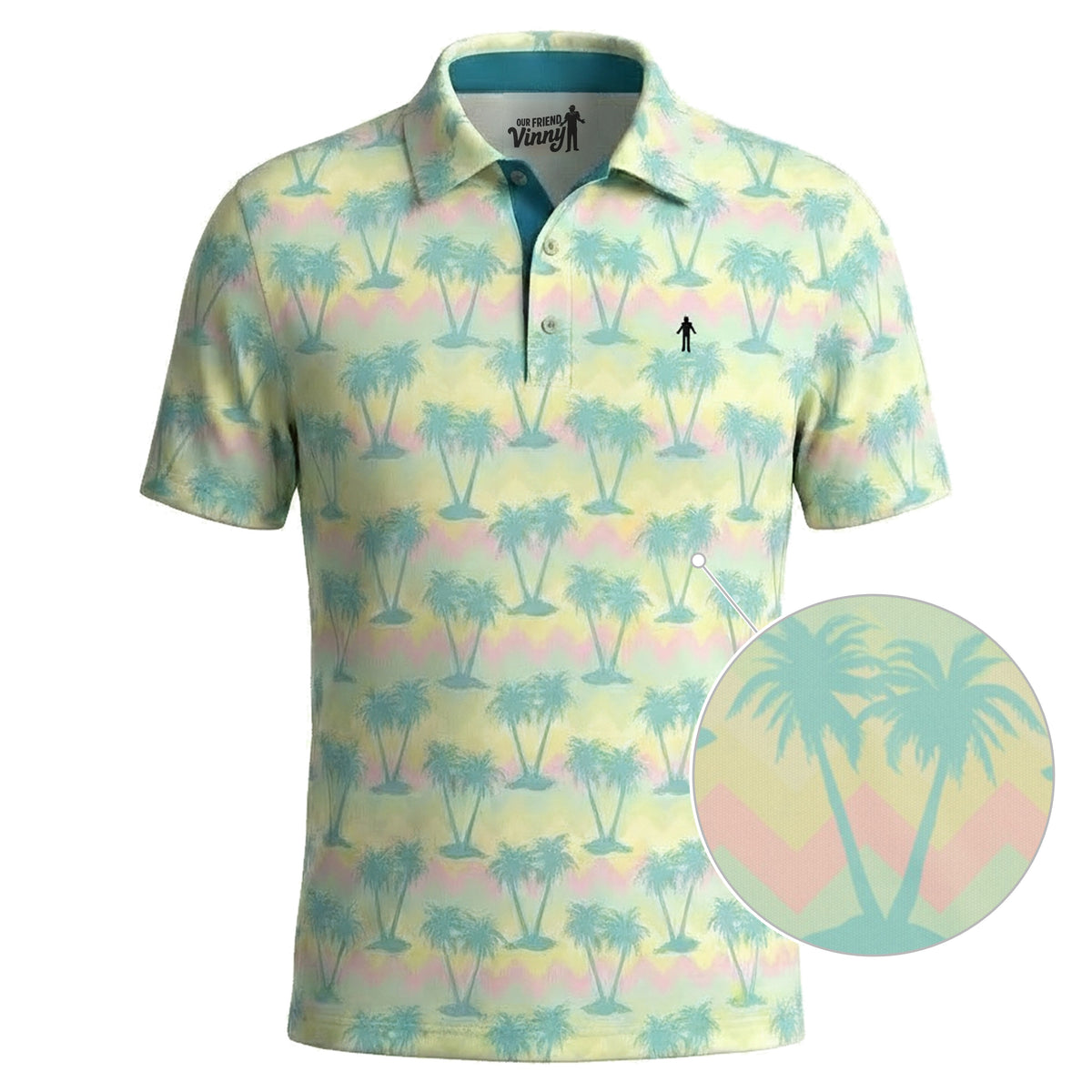 Miami Slice pastel palm tree golf polo, with a close-up of the palm tree print