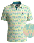 Miami Slice pastel palm tree golf polo, with a close-up of the palm tree print