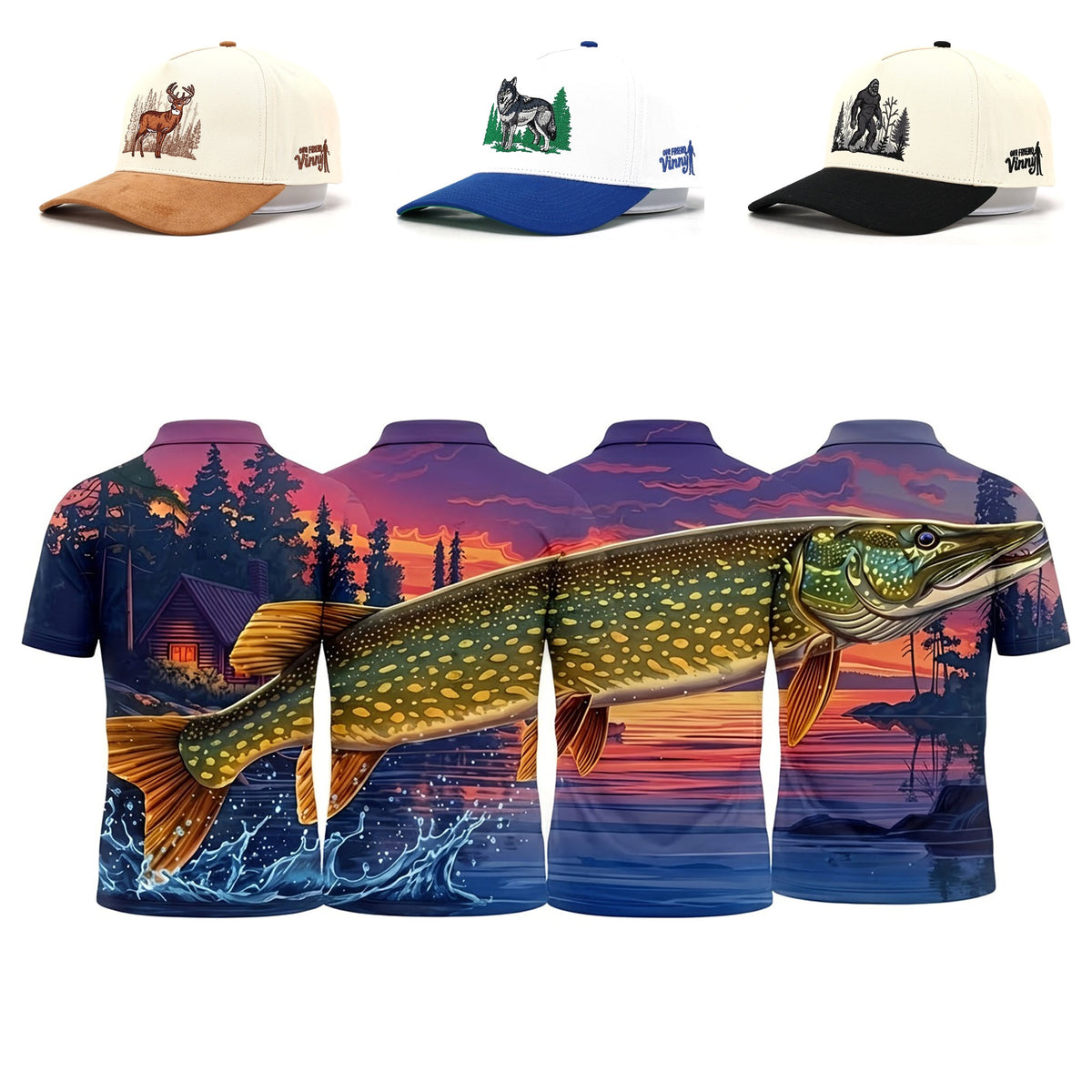 Northwoods Foursome matching golf polos with Deer, Timberwolf and Big Foot hats