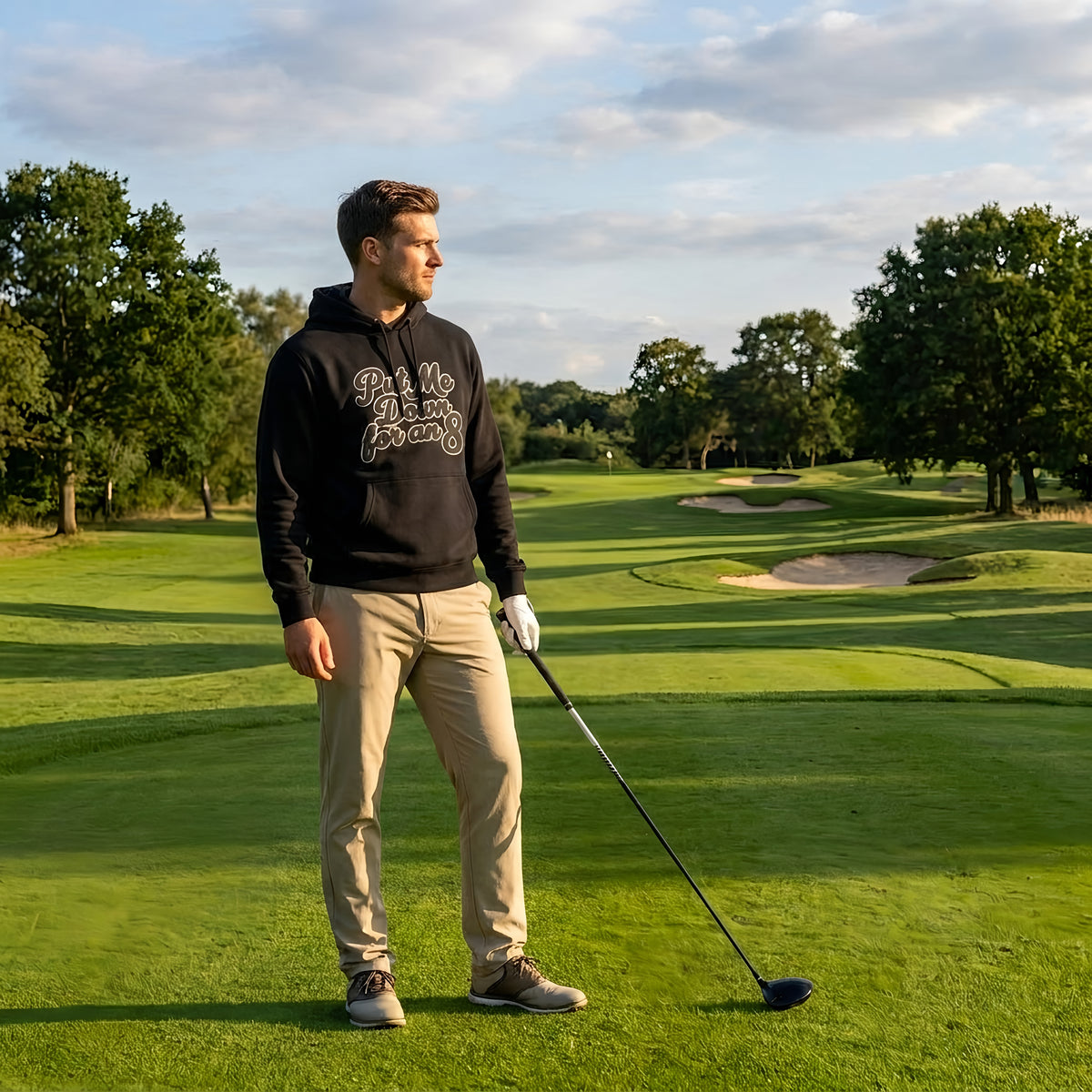 Golfer wearing the black Put Me Down for an 8 hoodie on a golf course fairway at golden hour