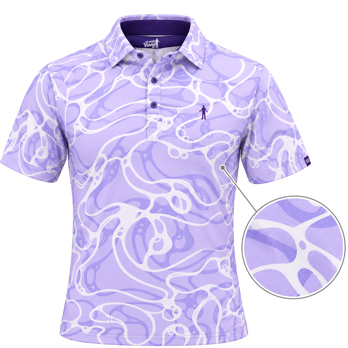 Riptide lavender wave print golf polo - 3D view with fabric detail