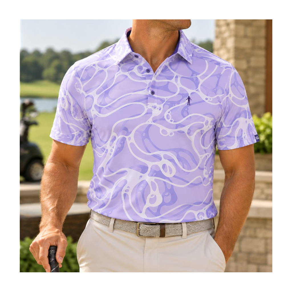 Man wearing the Riptide lavender golf polo