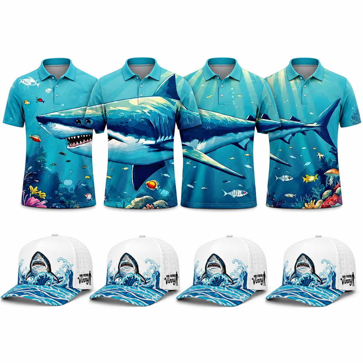 Shark Foursome matching golf polos with four matching Shark Wave hats