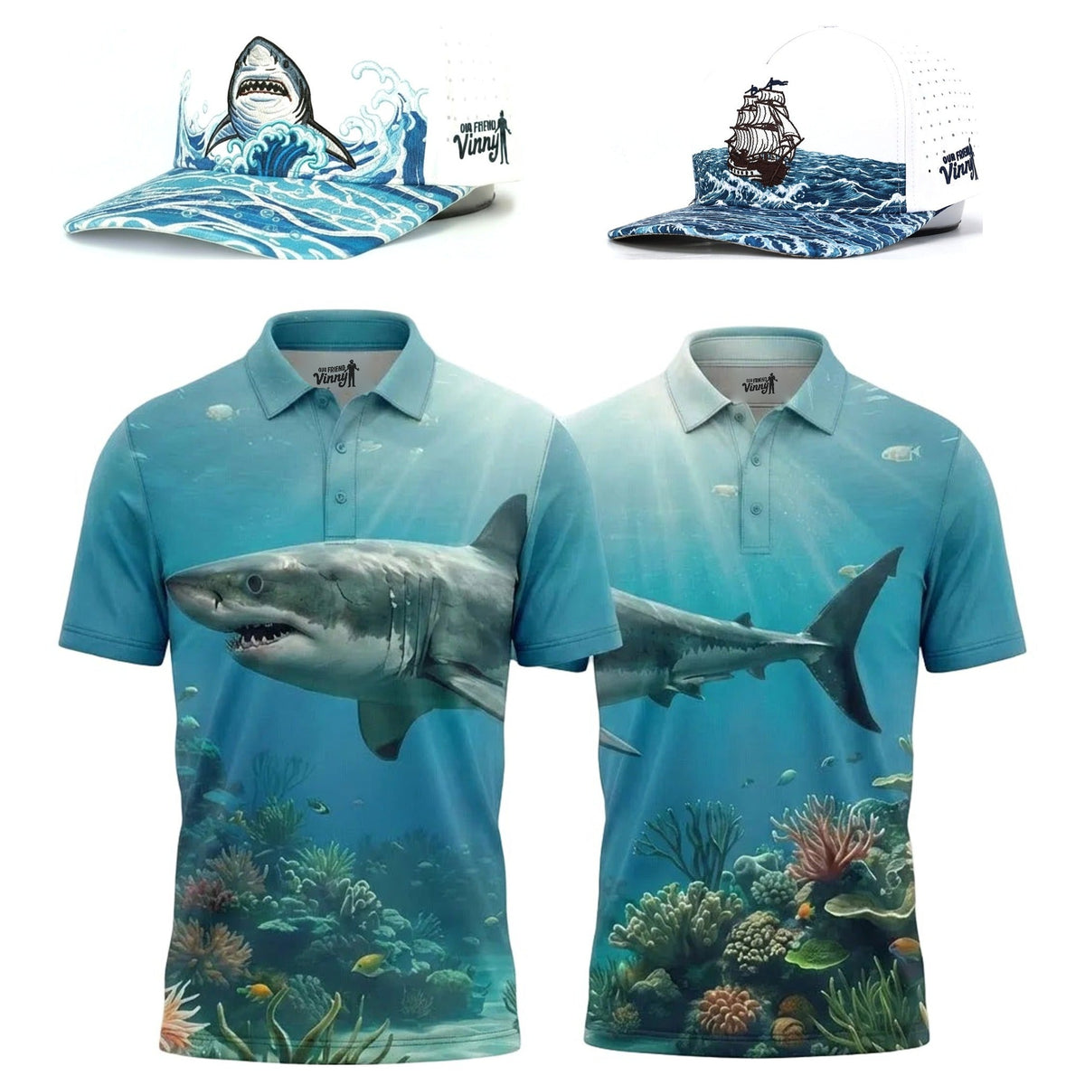 Shark Twosome matching golf polos with mix-and-match Shark Wave and Pirate Ship hats