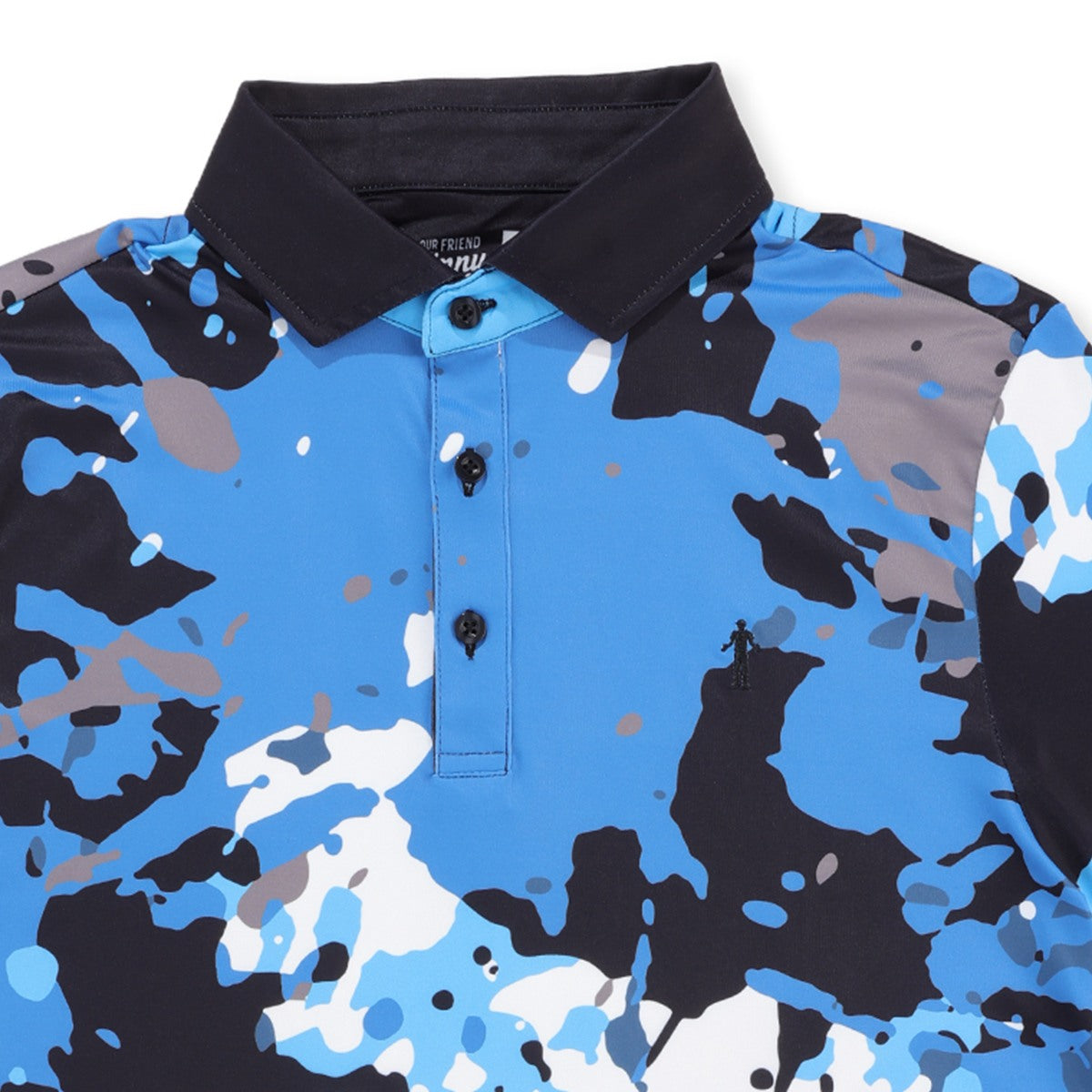 Close-up of the collar and buttons on the Spilled Ink golf polo
