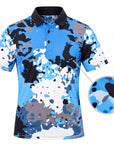 Spilled Ink blue splatter camo golf polo - 3D view with fabric detail