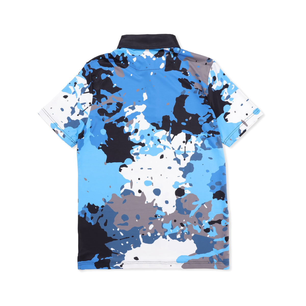 Back view of the Spilled Ink blue splatter camo golf polo