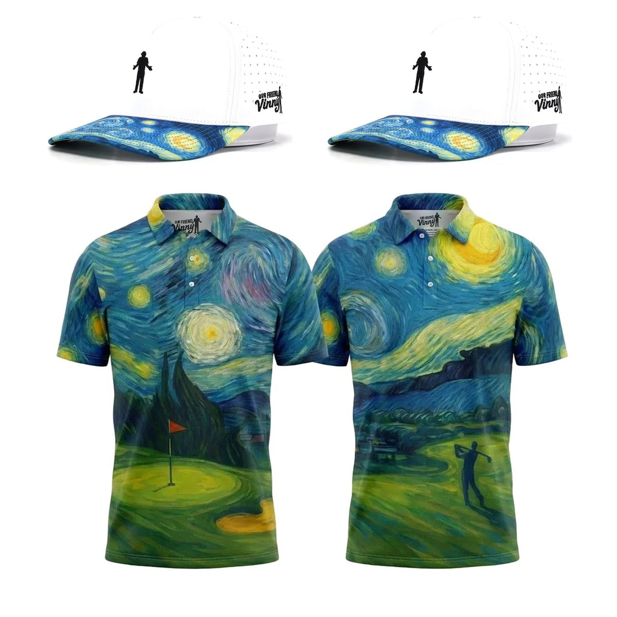 Starry Night Twosome matching Van Gogh golf polos with two matching Starry Greens hats