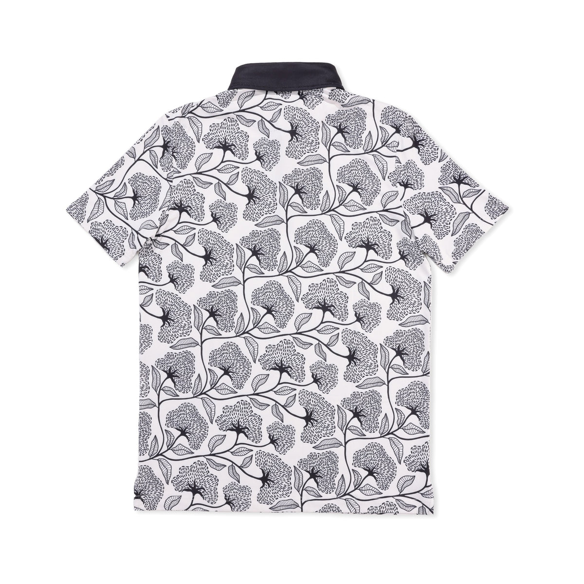 Back view of The Classic black and white floral golf polo