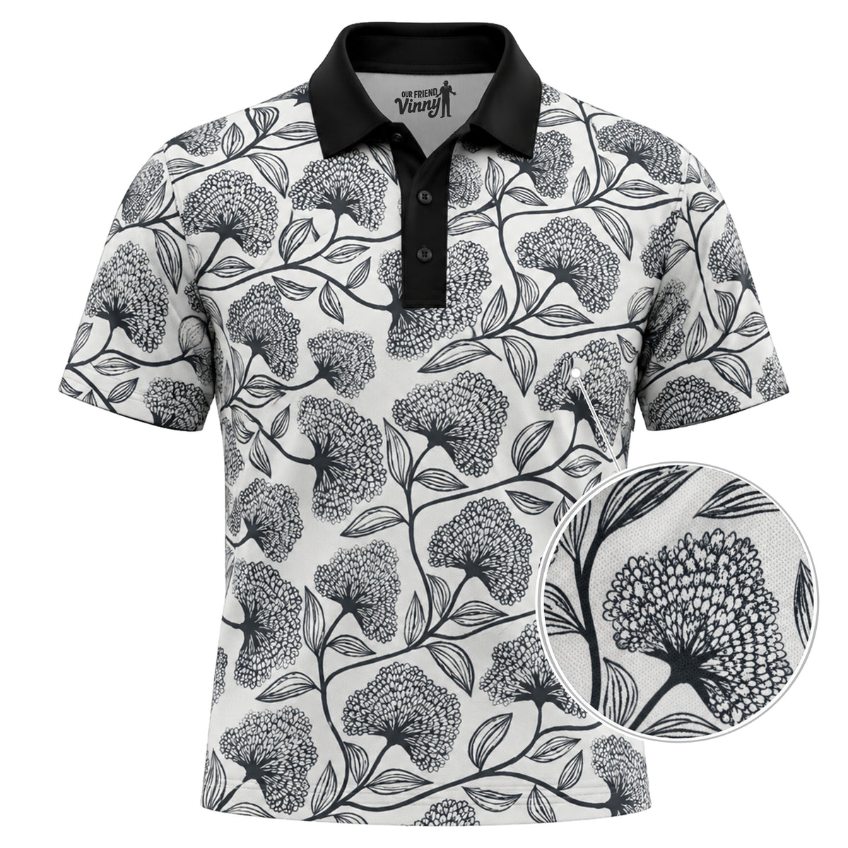 The Classic golf polo with black and white botanical floral print and black collar, with a close-up of the fabric texture