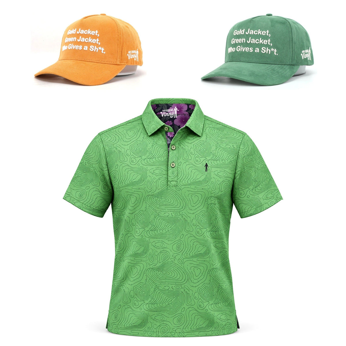 Green Topo Map golf polo with Gold Jacket corduroy and Green Jacket suede hat choices