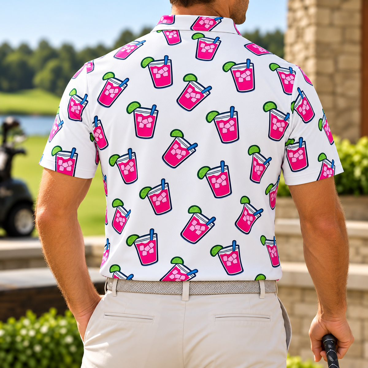 Back of the Transfusion cocktail print golf polo on a model on the course