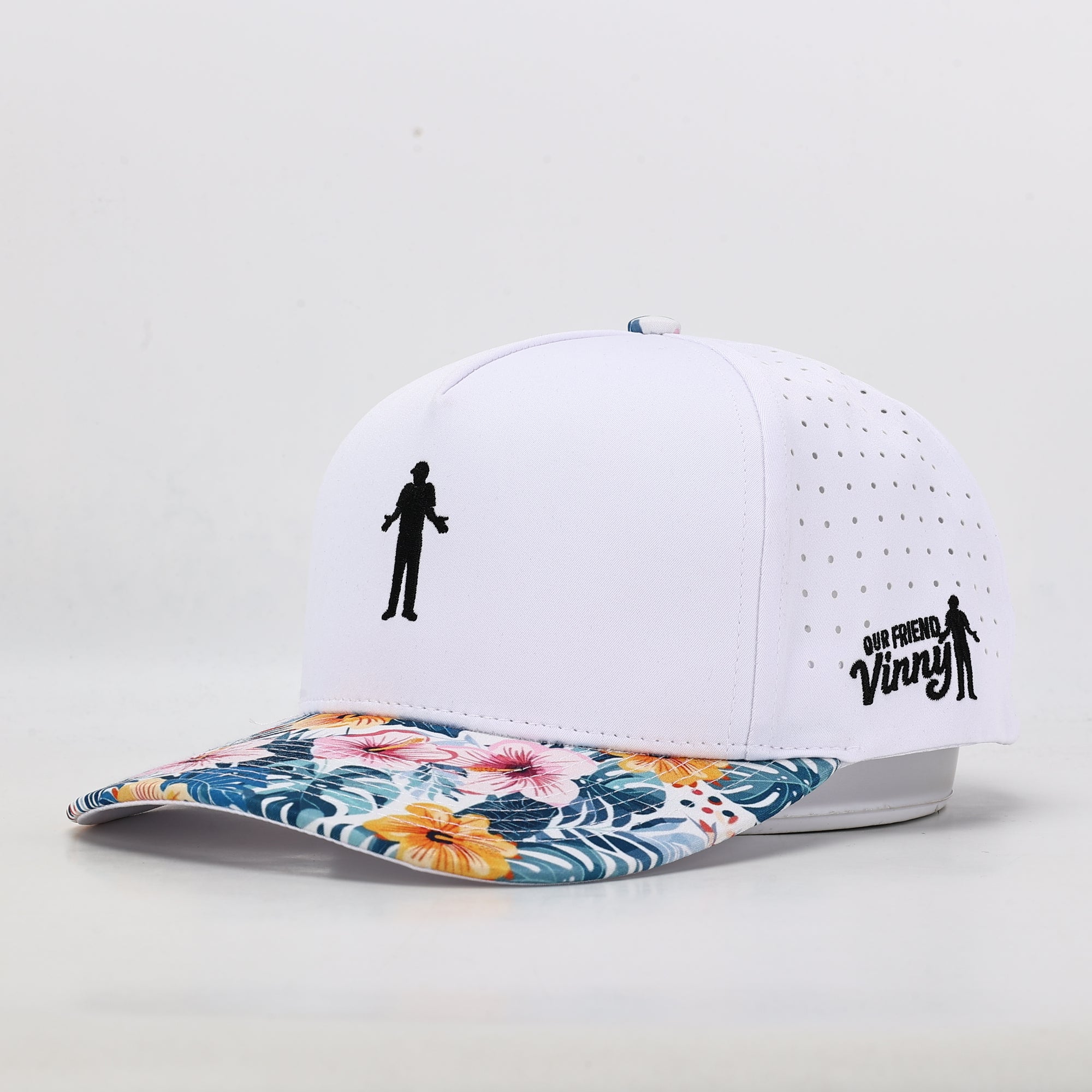 white cap with floral brim 
