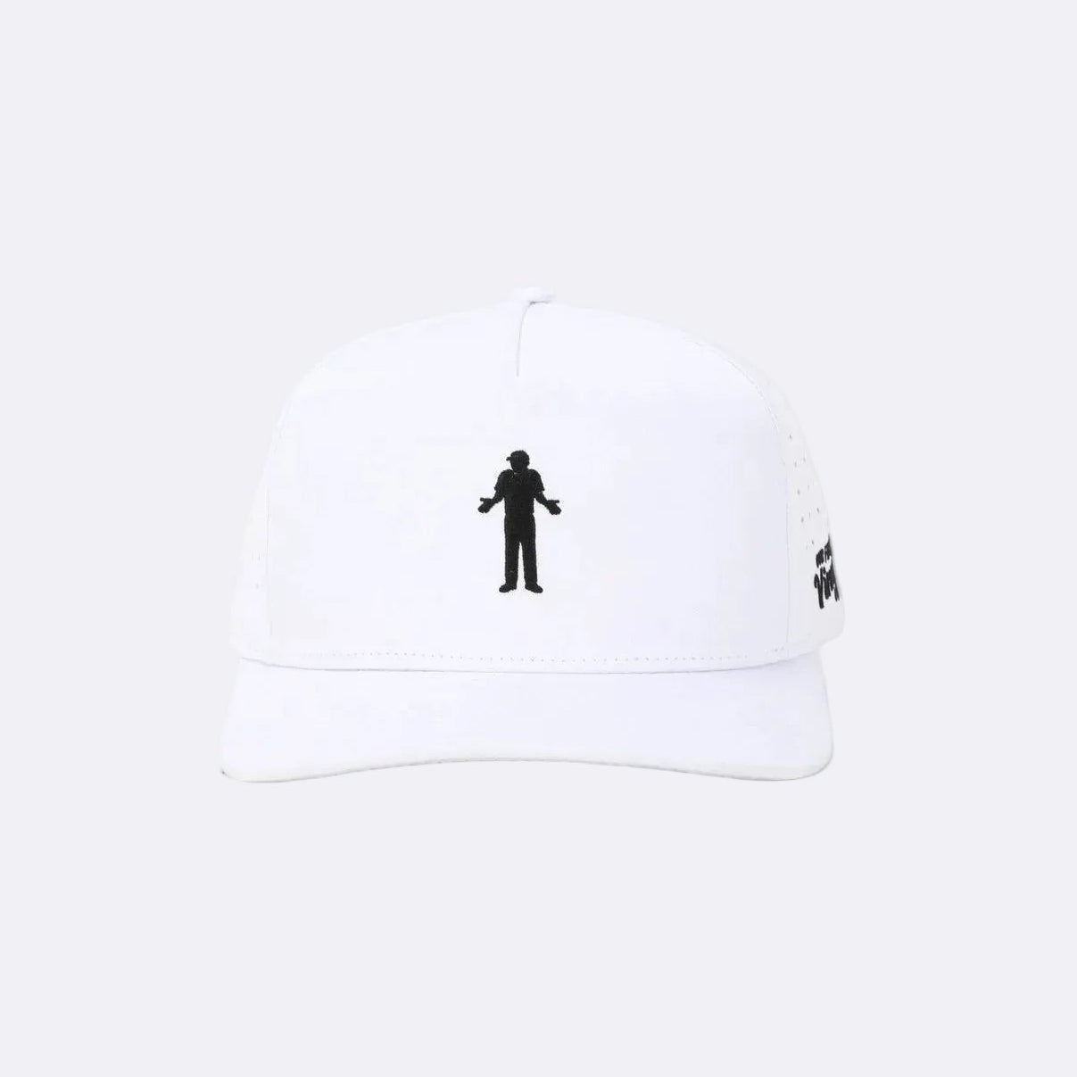 White cap with black embroidered design on a white background