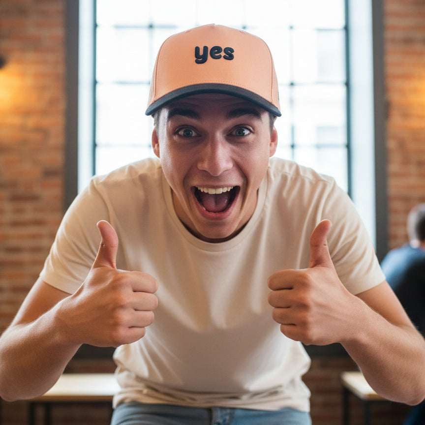 Man wearing a cap with 'yes' text, giving thumbs up in an indoor setting