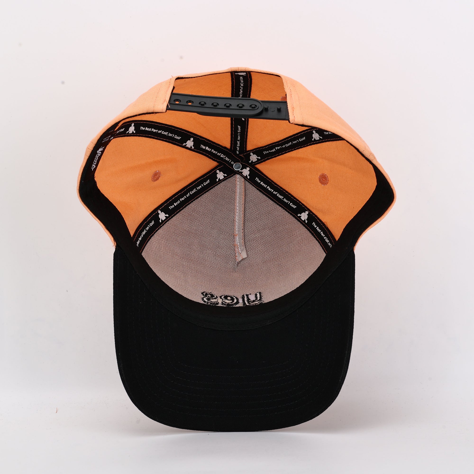 Black and orange cap with brand logo on a white background